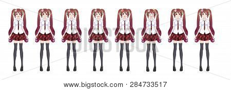 Anime Manga Girl, Cartoon Character In Japanese Style. In A White Shirt, A Red Skirt In A Cage, A Ti