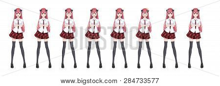 Anime Manga Girl, Cartoon Character In Japanese Style. In A White Shirt, A Red Skirt In A Cage, A Ti