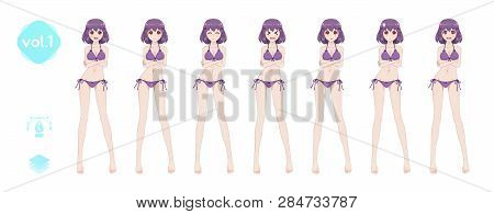 Anime Manga Girl, Cartoon Character In Japanese Style. In A Summer Bikini Swimsuit. Set Of Emotions.