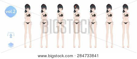 Anime Manga Girl, Cartoon Character In Japanese Style. In A Summer Bikini Swimsuit. Set Of Emotions.