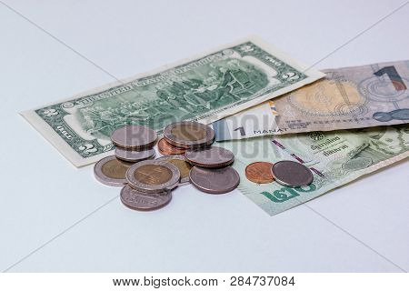 National Currency Of Different Countries. Banknotes And Coins. The Thai Currency, Azerbaijan Currenc