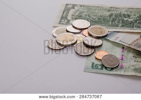 National Currency Of Different Countries. Banknotes And Coins. The Thai Currency, Azerbaijan Currenc