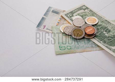 National Currency Of Different Countries. Banknotes And Coins. The Thai Currency, Azerbaijan Currenc