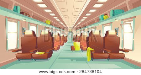 Long Distance Travel, Subway Train Spacious Wagon Interior Cartoon Vector With Rows Of Comfortable D