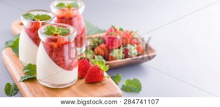 Delicous And Nutritious Double Color (colour) Strawberry Desserts With Mint And Diced Sarcocarp Topp
