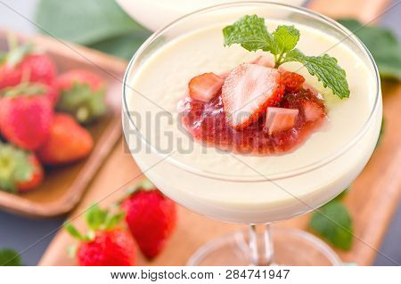 Delicous And Nutritious Double Color (colour) Strawberry Desserts With Mint And Diced Sarcocarp Topp