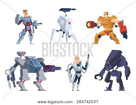 Robots Warriors. Characters In Exoskeleton Brutal Future Soldiers Technology Android With Guns Vecto