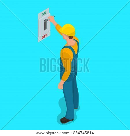 Worker Man Turns Electric Knife Switch In The 