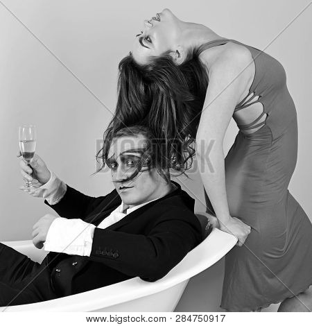 Love Language Without Words. Couple Of Mime Man And Sensual Woman. Mime Artists. Couple In Love Mime