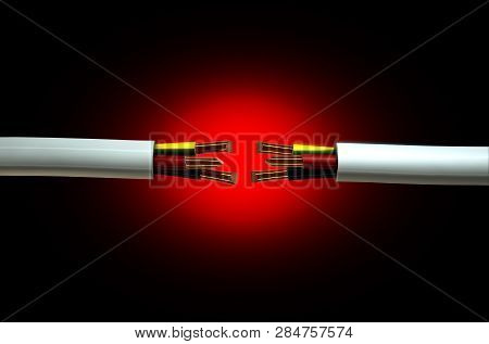 Two Opposing Regular Three Core Insulated Electrical Cable With The Copper Wire Cut And Exposed On A