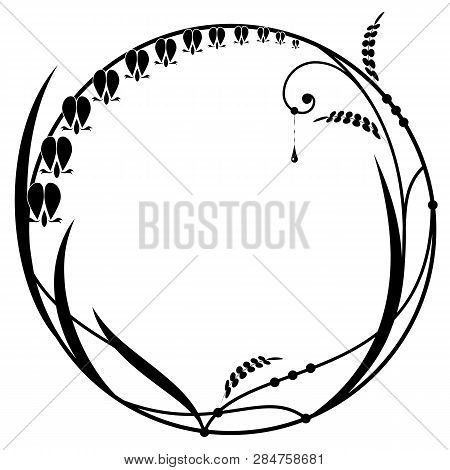 Abstract Vector Floral Frame  With Flowers Of Dicentra In Black And White Colors