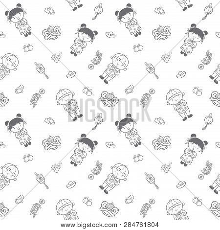 Doodle Pattern Happy Chinese New Year With Cartoon Illustration, Greeting Card, Chinese Character Is