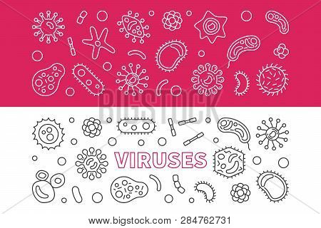 Set Of 2 Viruses Horizontal Banners. Vector Concept Illustration In Thin Line Style