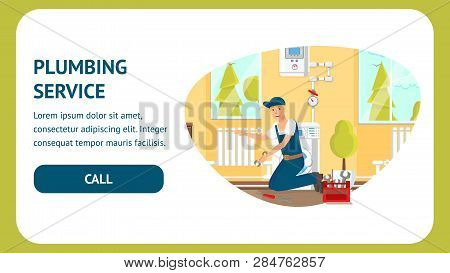 Plumbing Service Website Vector Template. Plumber Cartoon Character. Man Repairing Radiator. Kitchen