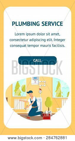 Plumbing Service Landing Page Template. Plumber Cartoon Character Mobile App. Man Repairing Radiator
