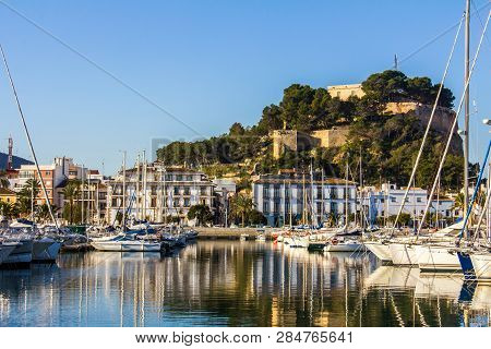 Panoramic View Of Denia Port Marina Promenade And Castle