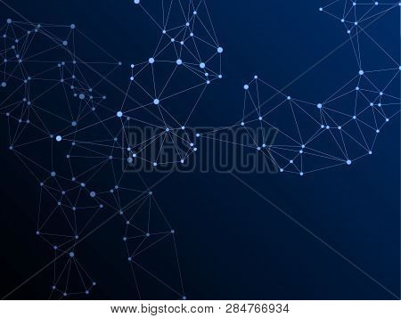 Block Chain Global Network Technology Concept. Network Nodes Plexus Dark Blue Background. Global Dat