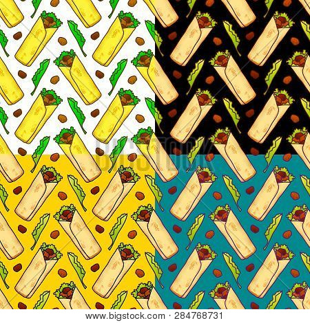 Food Seamless Vector Pattern With Mexican Or Arabic Fast Food Shaverma Kebab For Girls, Boys, Clothe