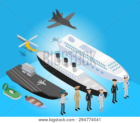 Navy Concept Banner. Isometric Banner Of Navy Vector Concept For Web, Giftcard And Postcard