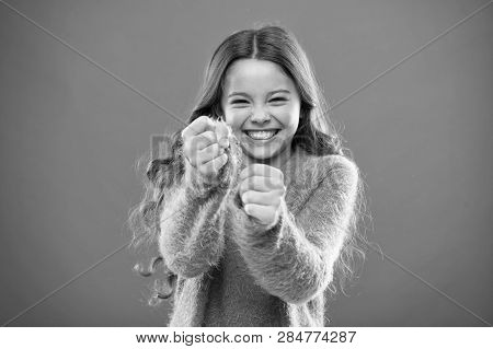 Self Defense Strategies Kids Can Use Against Bullies. Girl Hold Fists Ready Attack Or Defend. Girl C
