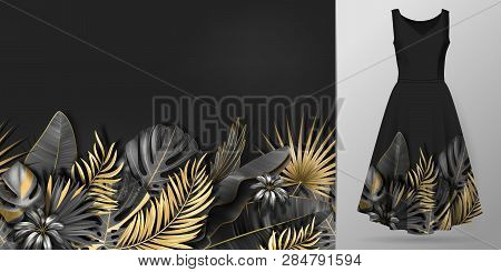 Hand Drawn Realistic Branches And Leaves Of Tropical Plants. Vivid Line Horizontal Leaves Pattern. G