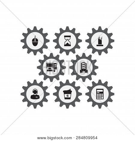 Set Of 8 Work Icons Set. Collection Of Coffee, Desktop, Call Center And Other Elements.