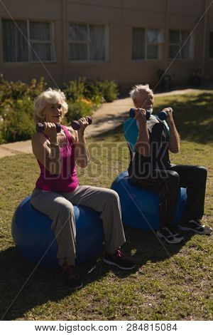 Frontv iew of active senior couple exercising with dumbbells on exercce ball in the park
