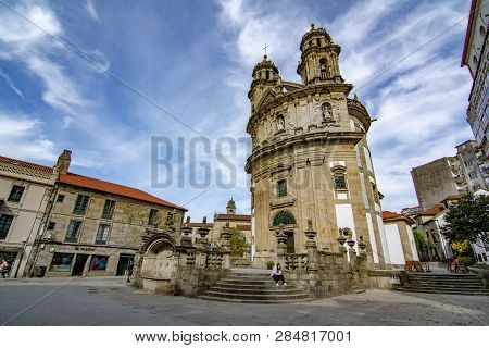 Pontevedra, Galicia, Spain; September 2018: Facade Of The Circular Church Of The Peregrina, In The H