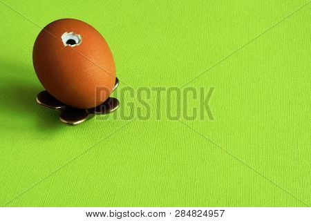 Brown Egg On Metal Stand In Shape Of Flower With Curious Black Eye On Bright Green Background. Symbo