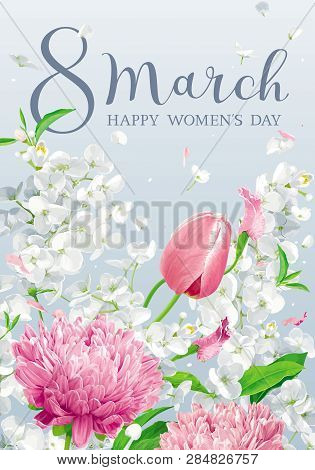 Tulips, Chrysanthemums And Apple Blossom For 8 March Vector Greeting Card