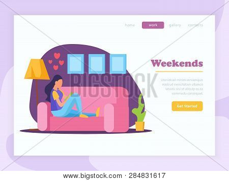 Lazy Weekends People Flat Banner With Weekends Headline Woman Reed The Book On Couch And Get Started