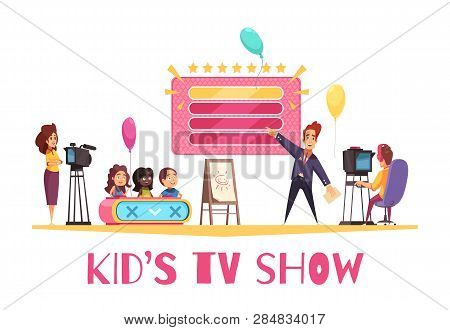 Television Games Competitions Show For Children Cartoon Composition With Kids Presentator Operator I