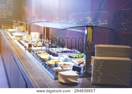 Breakfast Buffet At Hotel Restaurant Interior For Background