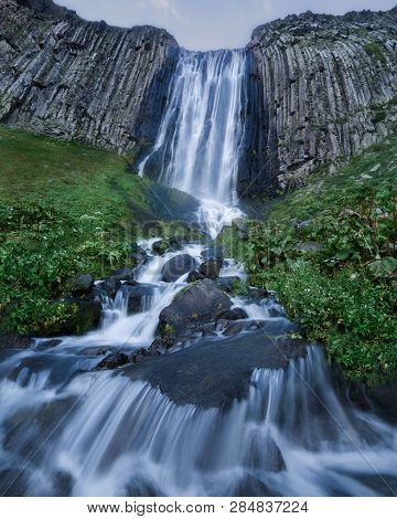 Elbrus Region. Terskol Waterfall, Located In The Gorge Terskol. Russia, The Caucasus, Kabardino-balk