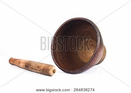 Red Clay Mortar Kitchen Tool On White.