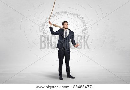 Burnout young elegant businessman trying to suicide with doodle concept