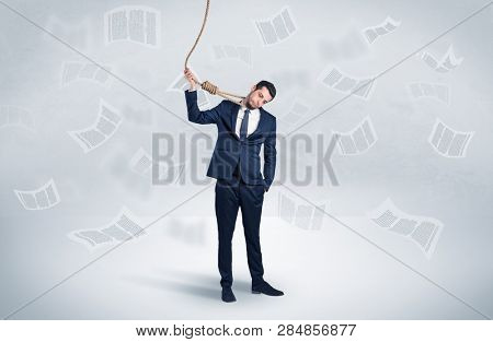 Young burnout businessman with flying documents concept