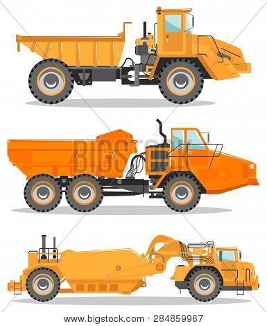 Off-highway Trucks. Heavy Mining Machine And Construction Equipment. Vector Illustration.