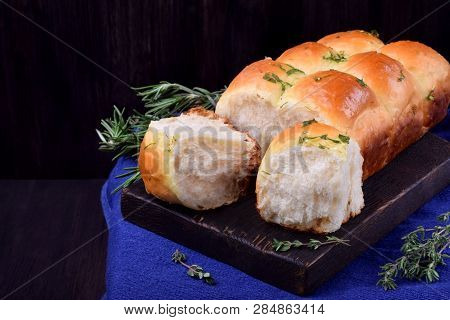 Golden Pampushki With Herbs And Garlic. Ukrainian Cuisine Buns