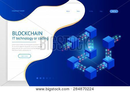 Isometric Concept Of Quantum Computers, Blockchain, It Technology Or Coding. Information Blocks In C