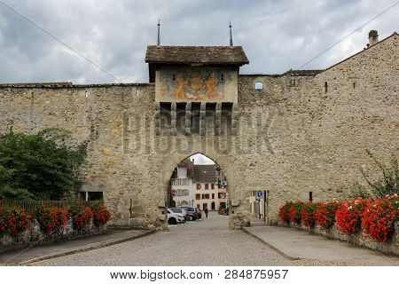 The Old Town Wall Entrance Of The Swiss City Estavayer Le Lac, Switzerland