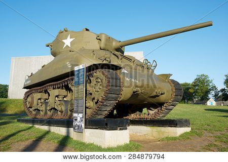 COLLEVILLE SUR MER, FRANCE - AUGUST 28, 2014: M4A1 Sherman tank in Overlord Museum near Omaha Beach.