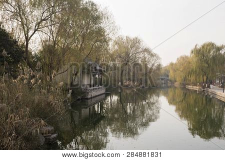 View Of The River And Bridge In Jinan, Shandong Province, China, Autumn Day