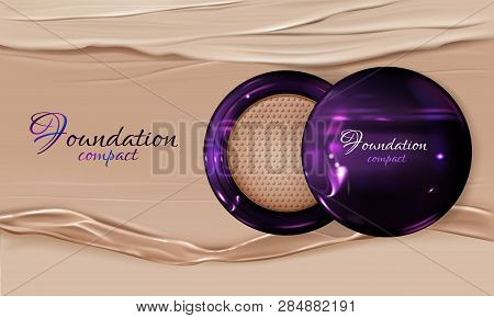 Vector 3d Realistic Poster With Compact Foundation - Violet Package With Mirror, Beauty Makeup Produ