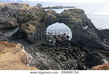 Gorgeous Landscape With Beautiful Arnarstapi Arch Rock In Iceland.