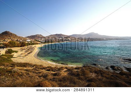 Spectacular Panoramic View Of Kalafatis Beach In Mykonos, Greece