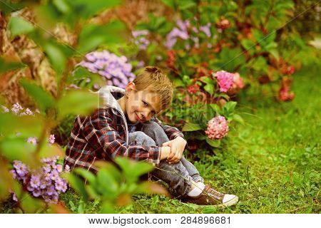 What To Expect. Small Boy Relax In Garden. Small Boy Expecting Something. Live In The Very Soul Of E