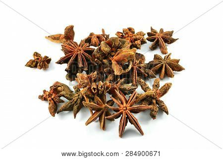 Chinese Spice Star Anise Fruit Isolated On White Background / Star Aniseed Badian Khatai - Tradition