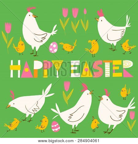 Vector Spring Easter Card With Hens And