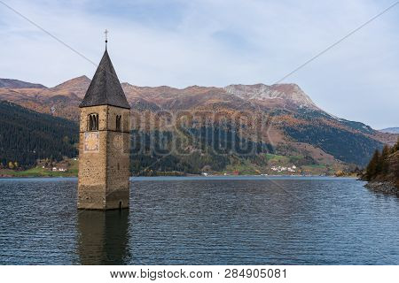 Church In The Water At Lake Reschen In Tyrol In North Italy